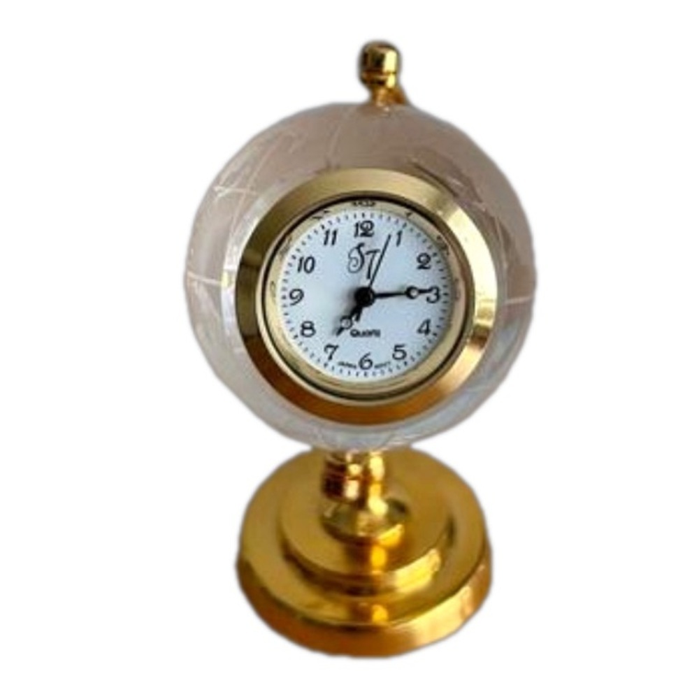 World Globe Desk Clock Gold Tone 2.5”Quartz Rotating Crystal Miniature